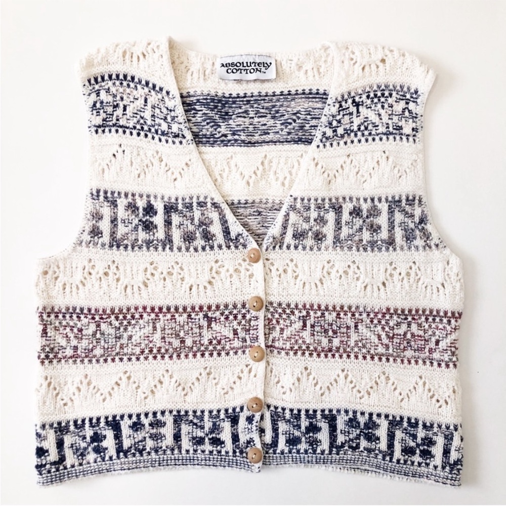 Vintage Crochet Knit Sweater Vest Small Cream Blue Burgundy Cotton